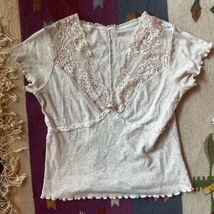 Vintage Lace flower Lettuce Lace Trim Baby Tee  t shirt Cream